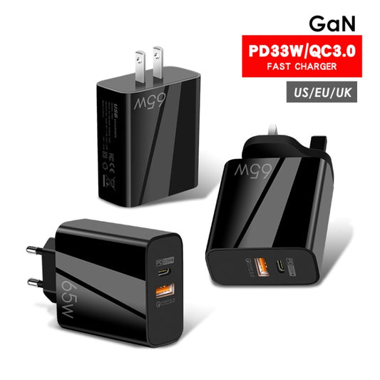 A502 65W USB-C/Type-C+USB Dual Port GaN Charger QC3.0 Laptop Universal Charger EU Plug Black by buy2fix