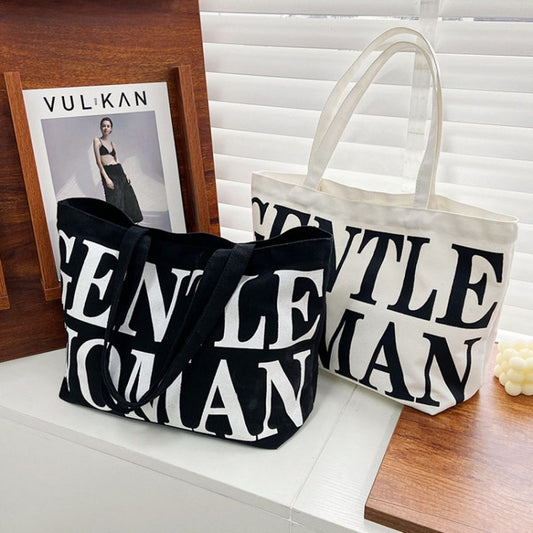 Women Printed Letter Canvas Bag Single Shoulder Tote Bag(Black) by buy2fix