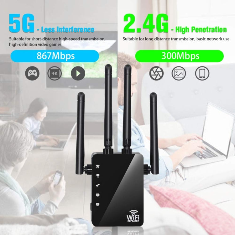 5G/2.4G 1200Mbps WiFi Range Extender WiFi Repeater With 2 Ethernet Ports EU Plug Black - Broadband Amplifiers by buy2fix | Online Shopping UK | buy2fix