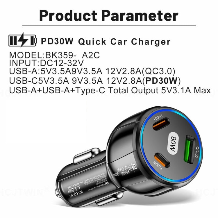 90W Super Fast Charging USB-C Car Charger Dual PD 30W+QC3.0 Charging Station(Black) by buy2fix