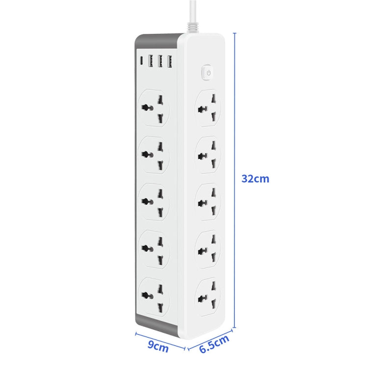 D15 2m 3000W 10 Plugs + PD + 3-USB Ports Vertical Socket With Switch, Specification: Three-pin US Plug - Extension Socket by buy2fix | Online Shopping UK | buy2fix