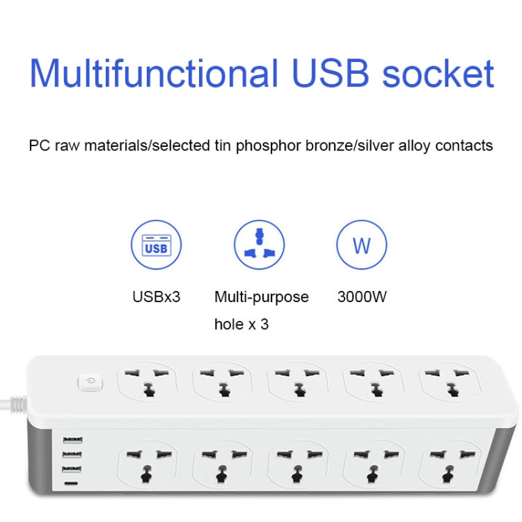 D15 2m 3000W 10 Plugs + PD + 3-USB Ports Vertical Socket With Switch, Specification: Three-pin US Plug - Extension Socket by buy2fix | Online Shopping UK | buy2fix