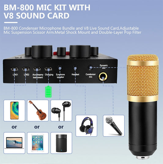 BM800+V8 Sound Card Set Audio Condenser Mic Studio Singing Microphone by buy2fix