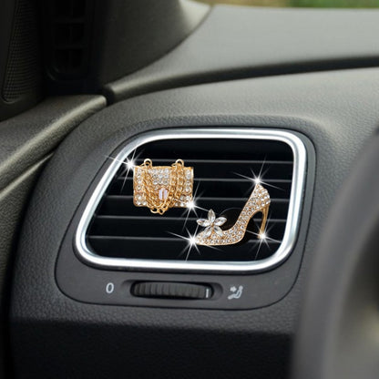2pcs/Set Car Air Outlet Diamond-Encrusted Decoration Aromatherapy Clip, Color: Golden Bag+Gold High Heels by buy2fix