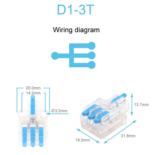 5pcs D1-3T Push Type Mini Wire Connection Splitter Quick Connect Terminal Block(Blue) by buy2fix