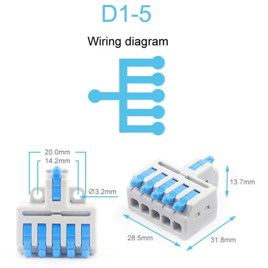 5pcs D1-5 Push Type Mini Wire Connection Splitter Quick Connect Terminal Block(Blue) by buy2fix