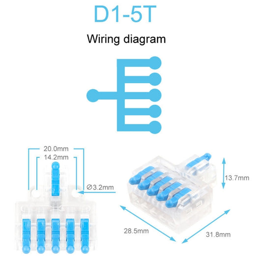 5pcs D1-5T Push Type Mini Wire Connection Splitter Quick Connect Terminal Block(Blue) by buy2fix