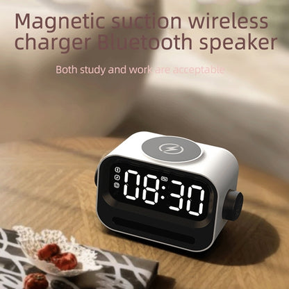 15W 3-In-1 Ambient Light Digital Display Clock Bluetooth Speaker Magnetic Wireless Charger(White) by buy2fix