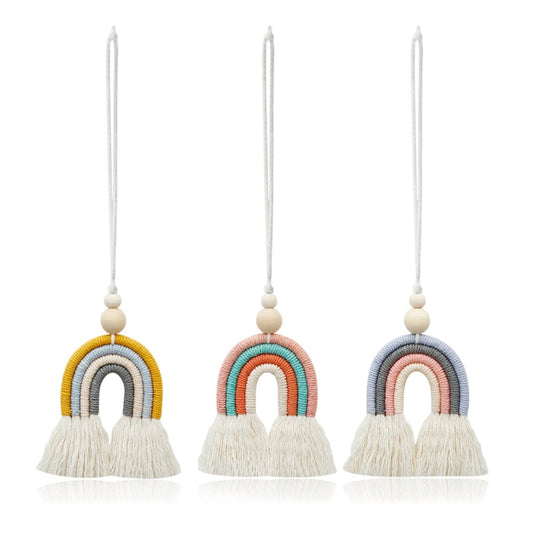 Hand-woven Wood Beads Cotton Rope Rainbow Car Aromatherapy Pendant(Yellow) by buy2fix