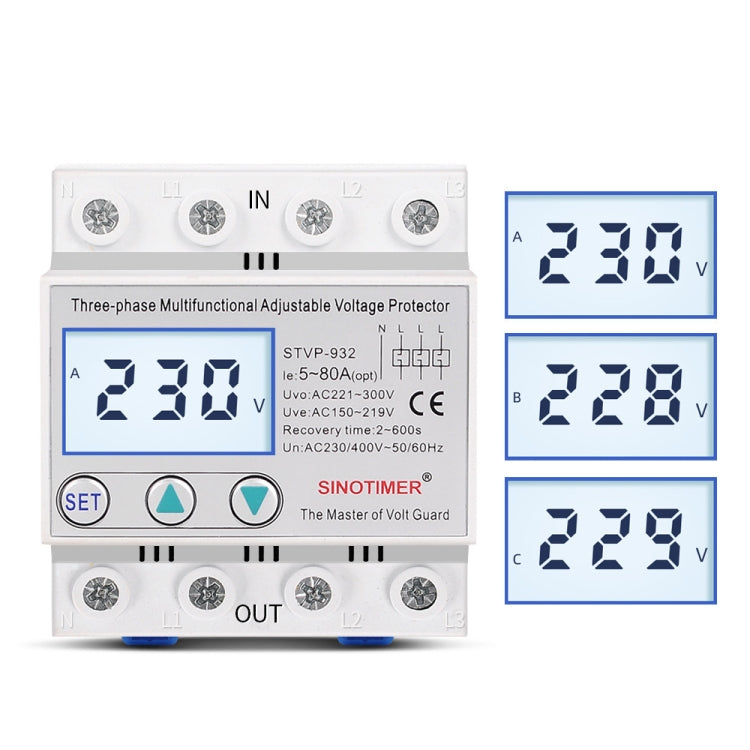 SINOTIMER STVP-932 63A 3-phase 380V LCD Self-resetting Adjustable Surge Voltage Protector - Other Tester Tool by SINOTIMER | Online Shopping UK | buy2fix