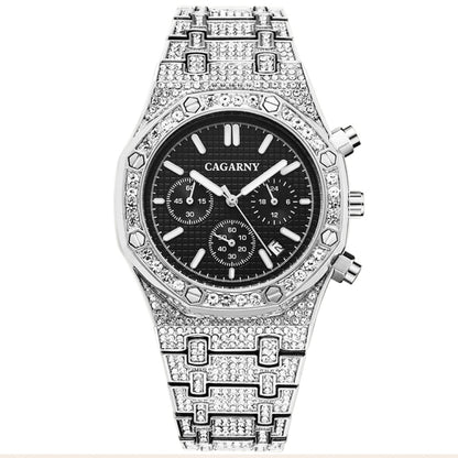 CAGARNY 6881 Diamond-studded Six-needles Guartz Dual Movement Watch Men Stainless Steel Strap Watch (Silver Shell Black Dial) - Metal Strap Watches by CAGARNY | Online Shopping UK | buy2fix