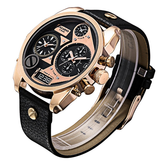 CAGARNY 6822 Fashionable Concise Style Large Dial Dual Clock Rose Gold Case Quartz Movement Wrist Watch with Leather Band & GMT Time & Calendar Functions for Men(Black Window) - Leather Strap Watches by buy2fix | Online Shopping UK | buy2fix