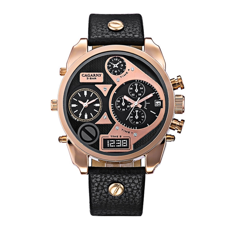 CAGARNY 6822 Fashionable Concise Style Large Dial Dual Clock Rose Gold Case Quartz Movement Wrist Watch with Leather Band & GMT Time & Calendar Functions for Men(Black Window) - Leather Strap Watches by buy2fix | Online Shopping UK | buy2fix