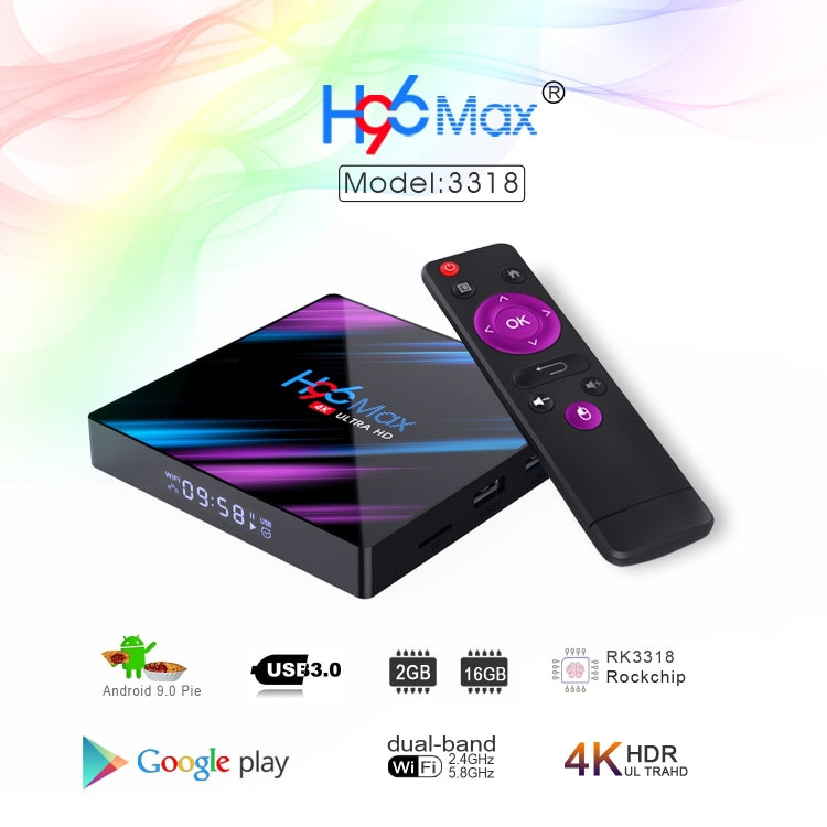 H96 Max-3318 4K Ultra HD Android TV Box with Remote Controller, Android 9.0, RK3318 Quad-Core 64bit Cortex-A53, WiFi 2.4G/5G, Bluetooth 4.0, 2GB+16GB - Consumer Electronics by buy2fix | Online Shopping UK | buy2fix